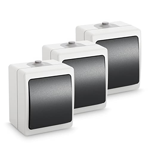 greate 3x Feuchtraum Wechselschalter Aufputz - Aufputzschalter 1fach, IP54, 250V, 10A - Aufputz Schalter, Lichtschalter Aufputz Feuchtraum Schalter, Schalter Aussenbereich, Feuchtraumschalter außen von greate