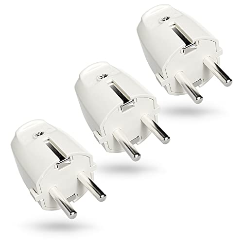 greate 3x Schuko Stecker weiß mit Zugentlastung - PVC Schutzkontakt Stecker 230V, 2-polig, 16A & 3,7kW - IP20 Schukostecker für Innenbereich - Kabel Stecker 230V, Stromstecker, Schutzkontaktstecker von ABSINA