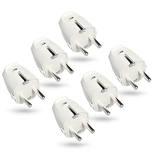 greate 6x Schuko Stecker weiß mit Zugentlastung - PVC Schutzkontakt Stecker 230V, 2-polig, 16A & 3,7kW - IP20 Schukostecker für Innenbereich - Kabel Stecker 230V, Stromstecker, Schutzkontaktstecker von greate.