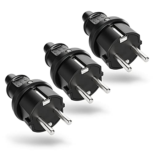 greate 3x Schuko Stecker Aussenbereich mit Knickschutz - Schukostecker Gummi mit Zugentlastung, 2-polig, 230V, 16A & 3,7kW - IP44 Schukostecker Außenbereich schwarz - Schutzkontakt Stecker 230V von greate.