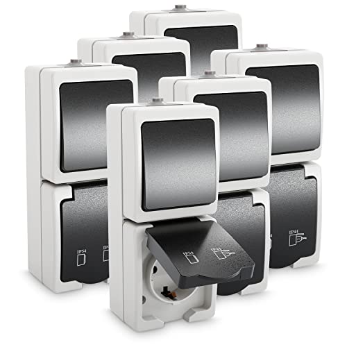 greate 6x Aufputz Schalter Steckdose Kombination mit IP54 für Feuchtraum - Steckdose Aufputz mit Wechselschalter 250V & 16A - Aufputzsteckdose mit Schalter, Steckdose Schalter Aufputz von greate