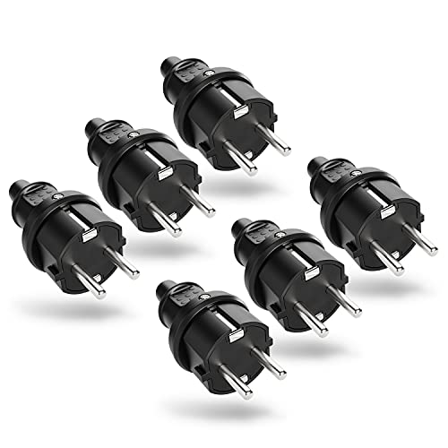 greate 6x Schuko Stecker Aussenbereich mit Knickschutz - Schukostecker Gummi mit Zugentlastung, 2-polig, 230V, 16A & 3,7kW - IP44 Schukostecker Außenbereich schwarz - Schutzkontakt Stecker 230V von greate.