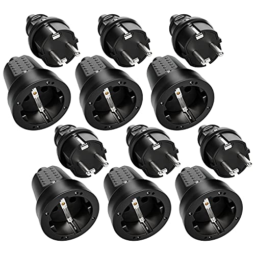 greate 6x Schuko Stecker Kupplung 230V Aussenbereich - Gummistecker Kupplung Set mit Knickschutz, 2-polig, 230V, 16A & 3,7kW - IP44 Stecker und Kupplung 230V schwarz für Außenbereich - Schukostecker von ABSINA