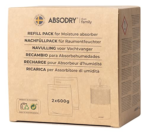 AbsoDry - Luftentfeuchter Nachfüllpack 2x600g - AbsoDry kompatibel - Verhindert Geruch & bindet Feuchtigkeit - Trockenmittelbeutel mit Granulat für Raumentfeuchter - Entfeuchter Nachfüllpack von ABSODRY duo family