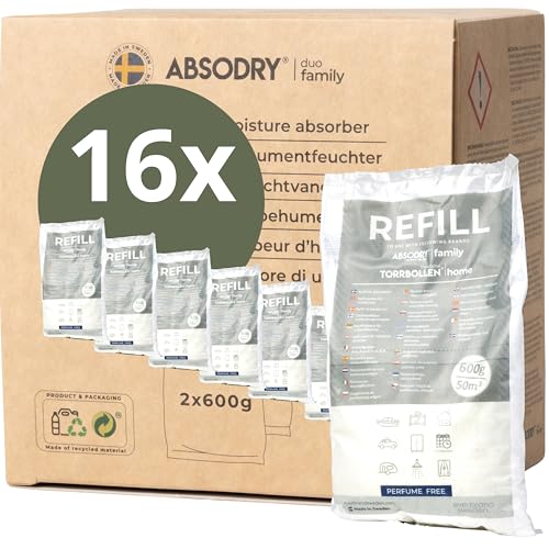 AbsoDry Duo Family - Luftentfeuchter Nachfüllpack 16x600g - kompatibel - Verhindert Geruch & bindet Feuchtigkeit - Trockenmittelbeutel mit Granulat für Raumentfeuchter - Entfeuchter Nachfüllpack von ABSODRY duo family
