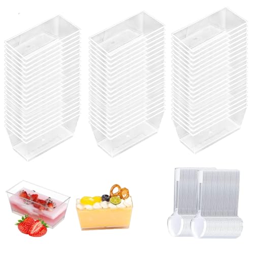 50 Stück Kunststoff Dessertbecher mit 50 Stück Löffeln, 140 ml Rechteckige Dessertbecher Transparenter Parfait Vorspeisenbecher Wiederverwendbare Servierschüssel für Nachtisch Pudding Mousse Party von ABSOK