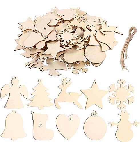 Weihnachten Holz Ornamente Holz Schneeflocke Engel Stern Weihnachtsbaum Runde Scheiben Dekorationen Hängende Verzierungen mit 50 Stück String（50 Stück） von ABSOK