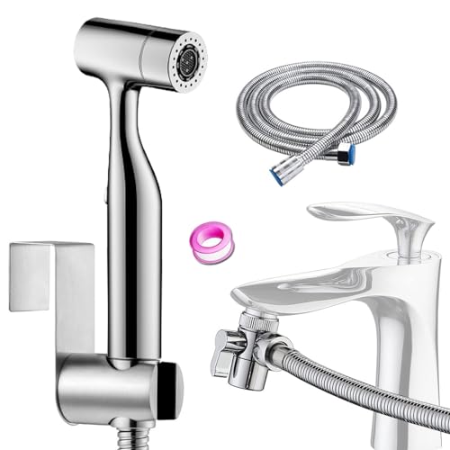 Bidet Handbrause Set, Multifunktionales Wasserreinigungssprühgerät mit Dual-Modus (Jet/Stream)-Lieferung mit Wasserhahnspender, Schlauch- und Haken-WC- oder Wand-Bidet-WC-Aufsatz, Sprühkopf aus ABS von ABSOK