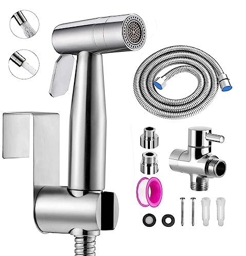 Bidet Handbrause Set, handgehaltenes Bidet-Toilettensprühgerät mit Dual-Modus (Jet/Stream) - für Dusche Badezimmer Hygiene Toilettenpapier Windelreinigung, mit G1/2" Ventil und eine G3/8" Silber von ABSOK