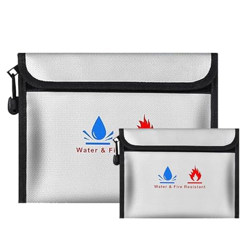Feuerfeste Tasche Dokumententasche - 2 Set Kleine und mittlere Feuersichere wasserdichte Tasche Hülle Beutel Behälter für Dokumente Passport Bankdatei Geld Wertsachen (Grau) von ABSOK
