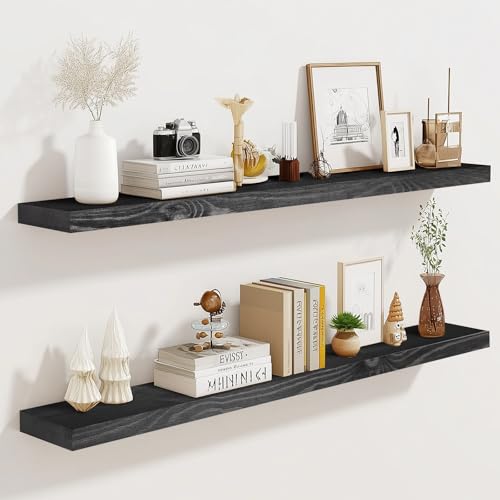 ABSWHLM Schweberegale aus Massivholz, 91,4 x 17,3 x 3 cm, rustikales schwarzes Finish mit versteckten Halterungen, perfekt für Aufbewahrung und Dekoration im Wohnzimmer, Küche, Schlafzimmer, 2 Stück von ABSWHLM