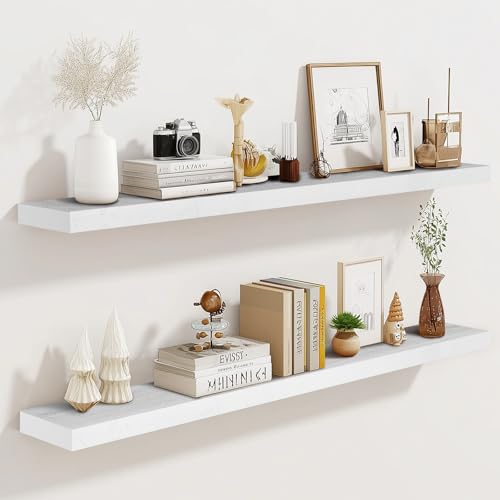ABSWHLM Schweberegale aus Massivholz, 91,4 x 17,3 x 3 cm, rustikales weißes Finish mit versteckten Halterungen, perfekt für Aufbewahrung und Dekoration im Wohnzimmer, Küche, Schlafzimmer, 2 Stück von ABSWHLM