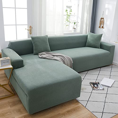 ABUKJM 2 Stück Couch überzug 3 sitzer und 2 sitzer, Couch überzug ecksofa Stretch mais Fleece Stoff, Weich und angenehm hautfreundlich, Haustierkinder für modernen Wohnzimmer sofaschutz,Matcha grün von ABUKJM