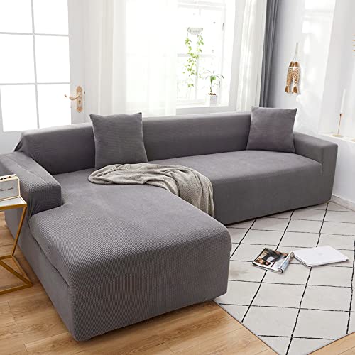 ABUKJM 2 Stück Sofabezug l Form, Sofa überzug 3-Sitzer und 5-Sitzer, Elastischer sofabezug ecksofa All-Inclusive staubdicht Kratzfest, Haustier Kinder für Wohnzimmer Sofaschutz,Hellgrau von ABUKJM