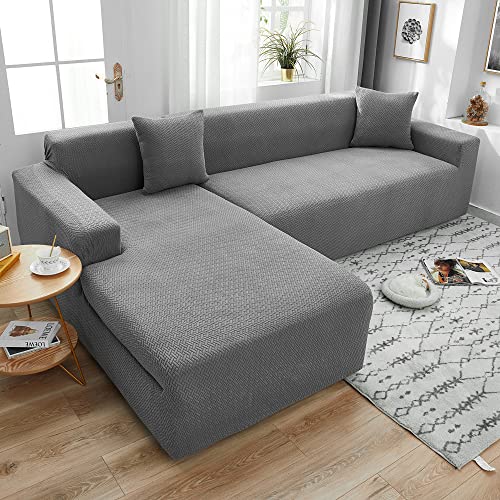 ABUKJM Couchbezug eckcouch, Stretch Universal Jacquard Samt Couch überzug l Form, Weicher und bequemer sofabezug für Wohnzimmer Sofa, Geeignet für die meisten Sofas,Light Gray,4 Seater 235-300cm von ABUKJM