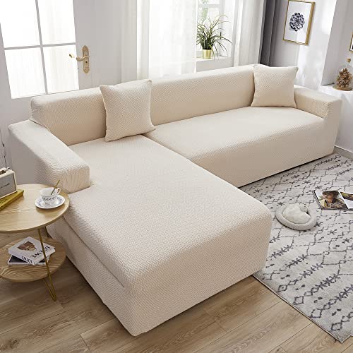 ABUKJM Couchbezug eckcouch, Stretch Universal Jacquard Samt Couch überzug l Form, Weicher und bequemer sofabezug für Wohnzimmer Sofa, Geeignet für die meisten Sofas,Off-White,4 Seater 235-300cm von ABUKJM