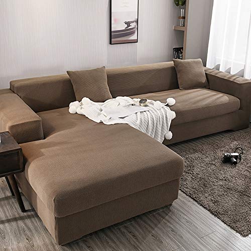 ABUKJM Couchbezug l Form Stretch sofabezug maiskorn weicher und bequemer Stoff staubdicht All-Inclusive sofabezug ecksofa, Für Sofaschutz im Wohnzimmer,Light Coffee,4-Seater 230-300cm von ABUKJM