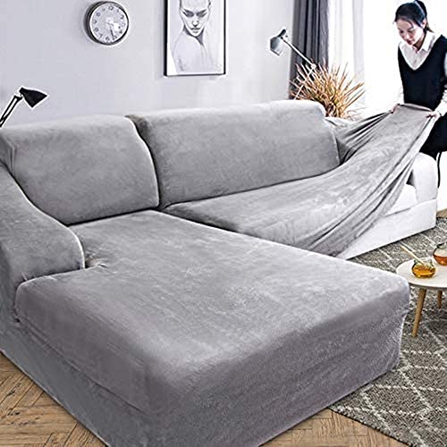 ABUKJM Plüsch-Chaiselongue-Sofabezug, L-förmig, Samt, Stretch-Schutz, für Wohnzimmer, elastische Möbel, Eckcouch (grau, 3-Sitzer, 190–230 cm) von ABUKJM