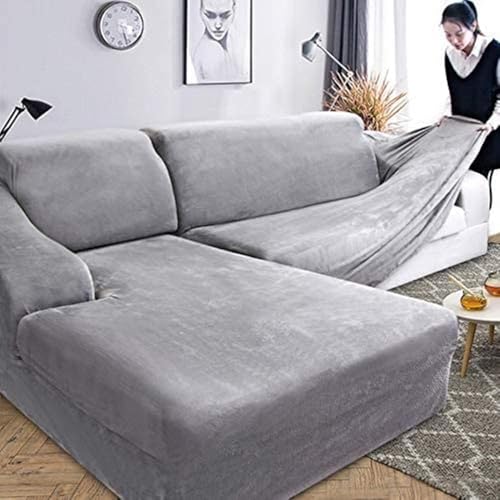 ABUKJM Sofabezug l Form chaiselongue, Verdickter und bequemer Plüschsamt Stoff, Strecken sofaschoner rutschfest, für Wohnzimmer Eckcouch, Staubdicht, Maschinenwaschbar,grau 2-Sitzer 145-185cm von ABUKJM