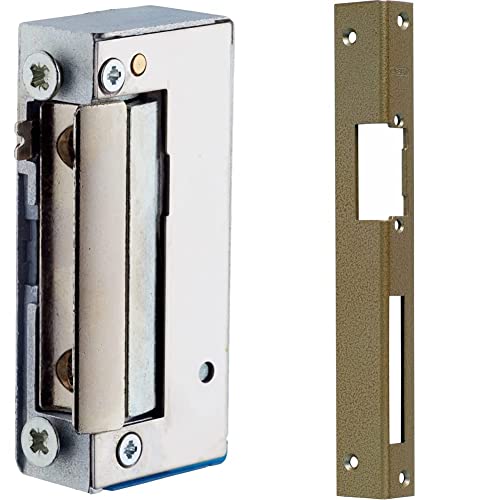 ABUS Elektrischer Türöffner ET75 - für linke und rechte Türen - 9-16 V Nennspannung - mit Hebel zur mechanischen Entriegelung & Tür-Winkelschließblech WST, für DIN-rechts Türen, hammerschlag-gold von ABUS