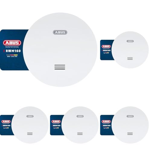 ABUS Flacher Rauchmelder RWM160 - mit 10-Jahres-Batterie - Q-Label und DIN EN 14604 geprüft - Blinken bei Nacht reduziert - Weiß (Packung mit 5) von ABUS