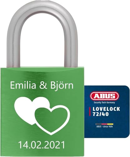 ABUS Liebesschloss mit Gravur und Schlüssel - Personalisiert mit Namen und Datum - Geschenk für Paare zur Hochzeit oder Verlobung - Valentinstagsgeschenk - graviertes Vorhängeschloss 72/40 (Hellgrün) von ABUS