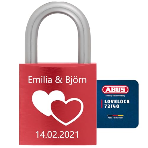 ABUS Liebesschloss mit Gravur und Schlüssel - Personalisiert mit Namen und Datum - Geschenk für Paare zur Hochzeit oder Verlobung - Valentinstagsgeschenk - graviertes Vorhängeschloss 72/40 (Rot) von ABUS