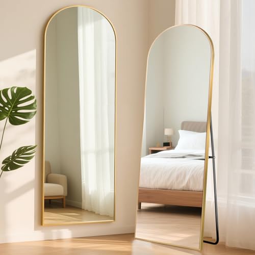 ABXMAS Bodenspiegel Rechteckiger Winkel 165x60cm Gold, Ganzkörperspiegel aus Aluminium, Gewölbte Form Standspiegel Wandspiegel für Flur oder Schlafzimmer von ABXMAS