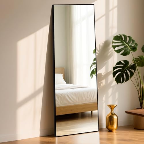 ABXMAS Großer Spiegel mit Aluminiumrahmen Schwarz 163x53cm, Robuste Wandspiegel an der Wand montierter, Anlehnen oder Freie Platzierung Standspiegel mit Klammer von ABXMAS