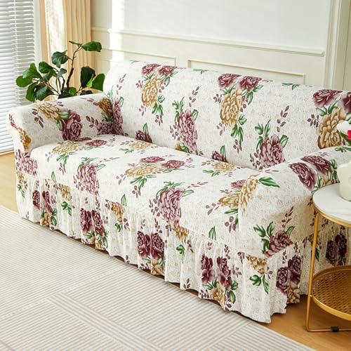 1-4-Sitzer-Sofabezug mit Saum, Stretch-Sofabezug mit Retro-Blumenmuster, Sofabezug mit Armlehnen, weicher Stoff, universeller Rutschfester Sofabezug(G,4 posti) von ABZDUNG