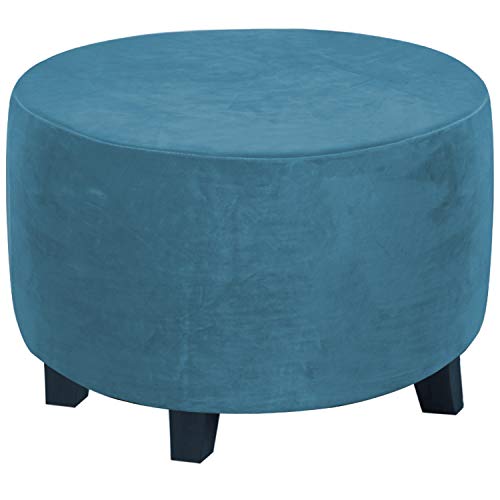 ABZDUNG Runder Ottomanenbezug, Runder Fußhockerbezug, Samt-Ottomanenbezug, Pouf-Fußhockerbezug, Stretch-Fußhockerbezug(Blu Pavone,XXL) von ABZDUNG