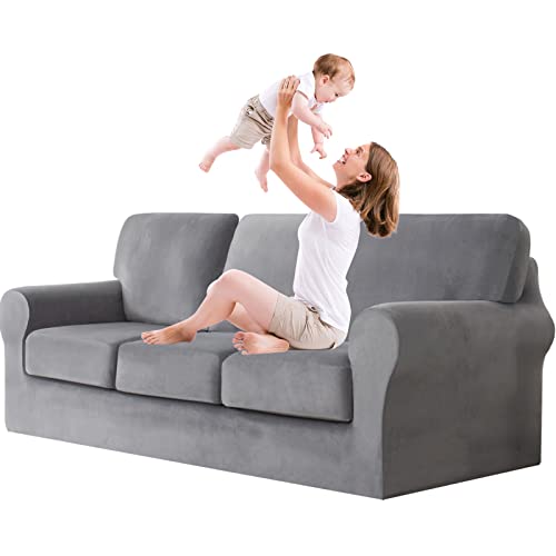 ABZDUNG Samtsofabezug mit getrennten Rückenlehnen und Sitzkissen, Rutschfester Sofabezug mit Gummiband, Stretch-Sofabezug, schmutzabweisender Sofabezug(Grigio Chiaro,3 Seater) von ABZDUNG
