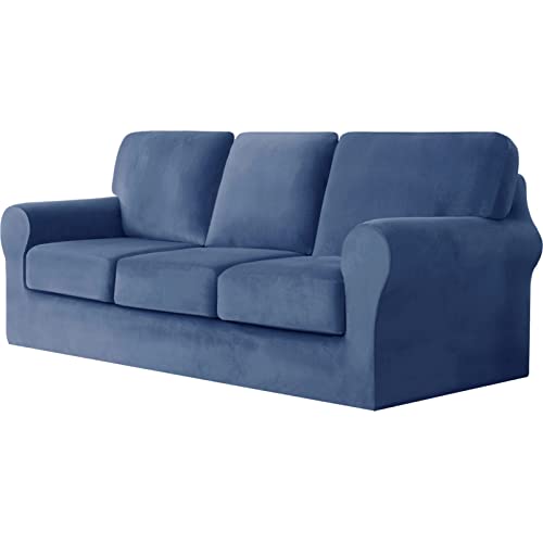 ABZDUNG Sofabezug 3-Sitzer, 7-teiliges Set – Superweicher, Dicker Stretch-Sofabezug aus Samt, Sofaschutzbezug mit separatem Bezug for 3 Rückenlehnen und 3 Sitzkissen for das Wohnzimmer(Navy,3 Seater) von ABZDUNG