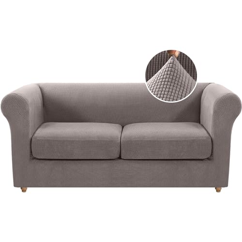 ABZDUNG Stretch-Sofabezug for Chesterfield-Sofas mit separaten Kissenbezügen for das Wohnzimmer, weicher, Rutschfester Sofabezug, Möbelschutz for Hunde, mit dickem Jacquard-Stoff(Taupe,Loveseat) von ABZDUNG
