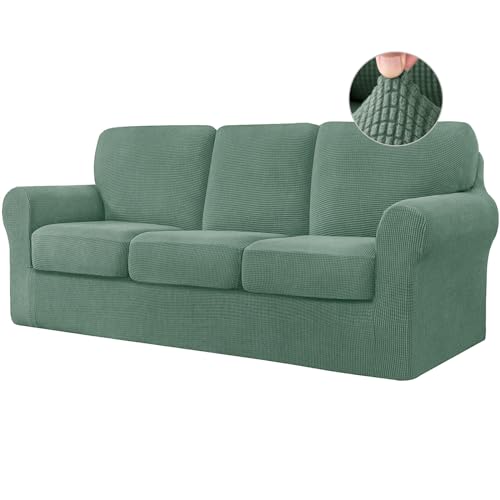 ABZDUNG Stretch-Sofabezug mit separaten Kissen- und Rückenlehnenbezügen, Jacquard-Spandex-Stoff, Sofa-Schonbezug for Wohnzimmermöbelschutz(Matcha Green,3-Seater) von ABZDUNG