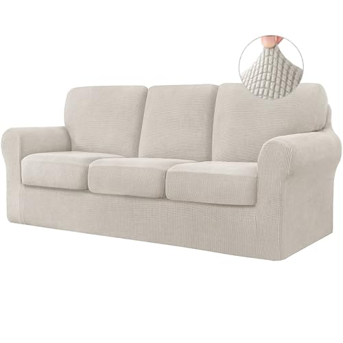 ABZDUNG Stretch-Sofabezug mit separaten Rückenlehnenbezügen und Sitzkissen, Rutschfester Sofabezug mit Gummiband, Möbelschutz aus Jacquard-Stoff(Beige,3 Seater) von ABZDUNG