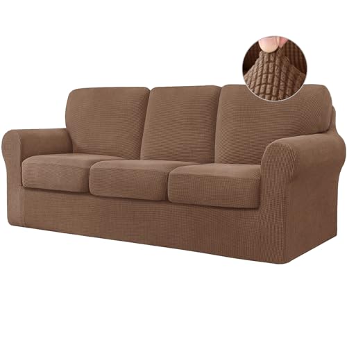 ABZDUNG Stretch-Sofabezug mit separaten Rückenlehnenbezügen und Sitzkissen, Rutschfester Sofabezug mit Gummiband, Möbelschutz aus Jacquard-Stoff(Brown,3 Seater) von ABZDUNG