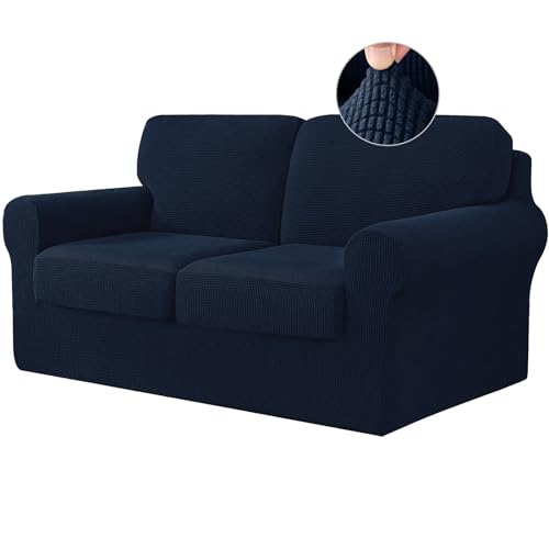 ABZDUNG Stretch-Sofabezug mit separaten Rückenlehnenbezügen und Sitzkissen, Rutschfester Sofabezug mit Gummiband, Möbelschutz aus Jacquard-Stoff(Navy,2 Seater) von ABZDUNG