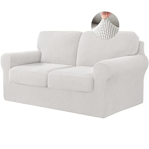 ABZDUNG Stretch-Sofabezug mit separaten Rückenlehnenbezügen und Sitzkissen, Rutschfester Sofabezug mit Gummiband, Möbelschutz aus Jacquard-Stoff(White,2 Seater) von ABZDUNG