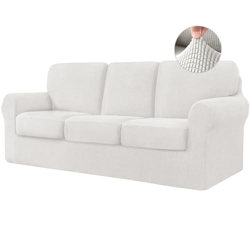 ABZDUNG Stretch-Sofabezug mit separaten Rückenlehnenbezügen und Sitzkissen, Rutschfester Sofabezug mit Gummiband, Möbelschutz aus Jacquard-Stoff(White,3 Seater) von ABZDUNG