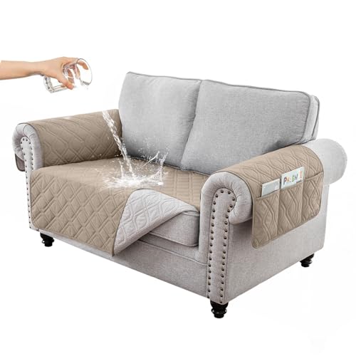 ABZDUNG wasserdichte Sofabezüge for Haustiere und Hunde mit Rutschfester Rückseite, Sofasitzbezüge mit Seitentasche for 3-Kissen-Couch, waschbarer Hundecouchbezug, Schutz-Sofabezüge(Khaki,Loveseat) von ABZDUNG
