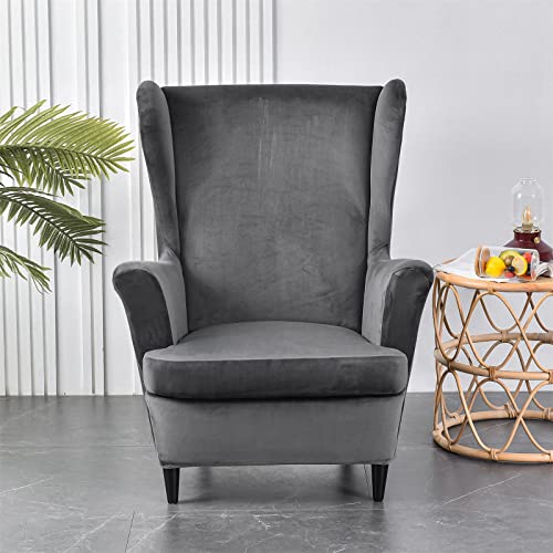 Ohrensessel-Schonbezug, 2-teiliges Set – 2-in-1-Design, abnehmbarer weicher Samtbezug for Ohrensessel, Stretchbezüge for Sessel, Möbelschutz for Ohrensessel, Wohnzimmer, Schlafzimmer, Hotel(Dark Grey) von ABZDUNG