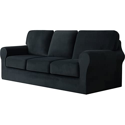 Sofabezug 3-Sitzer, 7-teiliges Set – Superweicher, dicker Stretch-Sofabezug aus Samt, Sofaschutzbezug mit separatem Bezug for 3 Rückenlehnen und 3 Sitzkissen for das Wohnzimmer(Black,3 Seater) von ABZDUNG