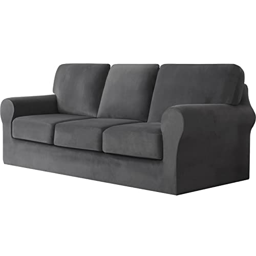 Sofabezug 3-Sitzer, 7-teiliges Set – Superweicher, dicker Stretch-Sofabezug aus Samt, Sofaschutzbezug mit separatem Bezug for 3 Rückenlehnen und 3 Sitzkissen for das Wohnzimmer(Dark Grey,3 Seater) von ABZDUNG