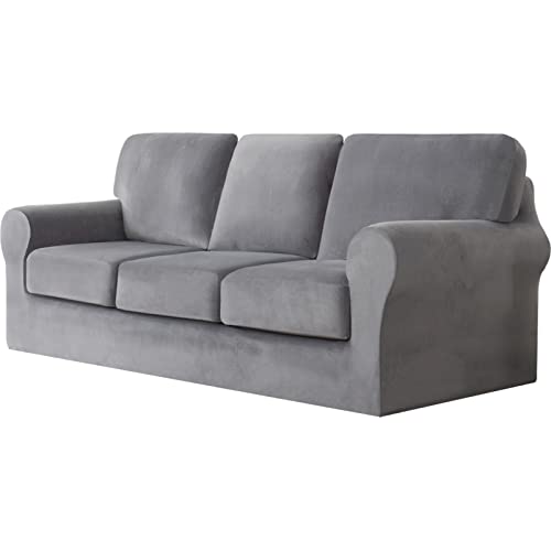 Sofabezug 3-Sitzer, 7-teiliges Set – Superweicher, dicker Stretch-Sofabezug aus Samt, Sofaschutzbezug mit separatem Bezug for 3 Rückenlehnen und 3 Sitzkissen for das Wohnzimmer(Light Grey,3 Seater) von ABZDUNG
