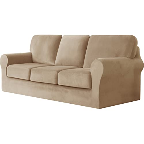 Sofabezug 3-Sitzer, 7-teiliges Set – Superweicher, dicker Stretch-Sofabezug aus Samt, Sofaschutzbezug mit separatem Bezug for 3 Rückenlehnen und 3 Sitzkissen for das Wohnzimmer(Sand Color,3 Seater) von ABZDUNG
