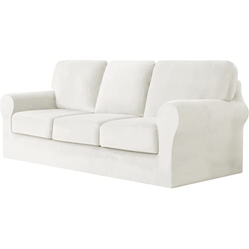 Sofabezug 3-Sitzer, 7-teiliges Set – Superweicher, dicker Stretch-Sofabezug aus Samt, Sofaschutzbezug mit separatem Bezug for 3 Rückenlehnen und 3 Sitzkissen for das Wohnzimmer(White,3 Seater) von ABZDUNG