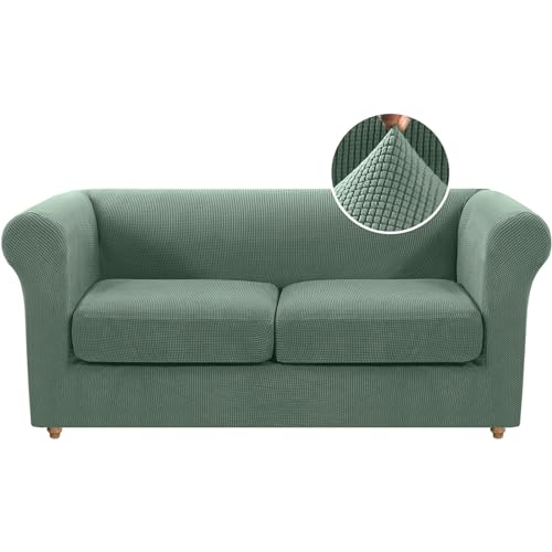 Stretch-Sofabezug for Chesterfield-Sofas mit separaten Kissenbezügen for das Wohnzimmer, weicher, rutschfester Sofabezug, Möbelschutz for Hunde, mit dickem Jacquard-Stoff(Green Grass,Loveseat) von ABZDUNG