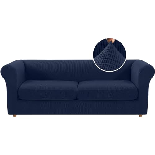 Stretch-Sofabezug for Chesterfield-Sofas mit separaten Kissenbezügen for das Wohnzimmer, weicher, rutschfester Sofabezug, Möbelschutz for Hunde, mit dickem Jacquard-Stoff(Navy Blue,Large Loveseat) von ABZDUNG