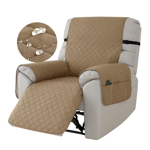 Wasserdichter Sesselbezug for Liegestühle, gesteppte Sofabezüge for Liegesessel mit 6 Seitentaschen, Bezug for 1-Sitzer-Sessel, rutschfeste Stuhlschoner mit verstellbaren Spanngurten(Light Brown) von ABZDUNG